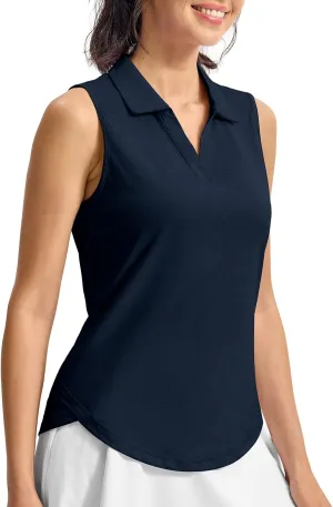 YSENTO Women's V-Neck Collared Golf Tennis Shirts Sleeveless UPF 50  Quick Dry Polo Shirts Tops Split Hem