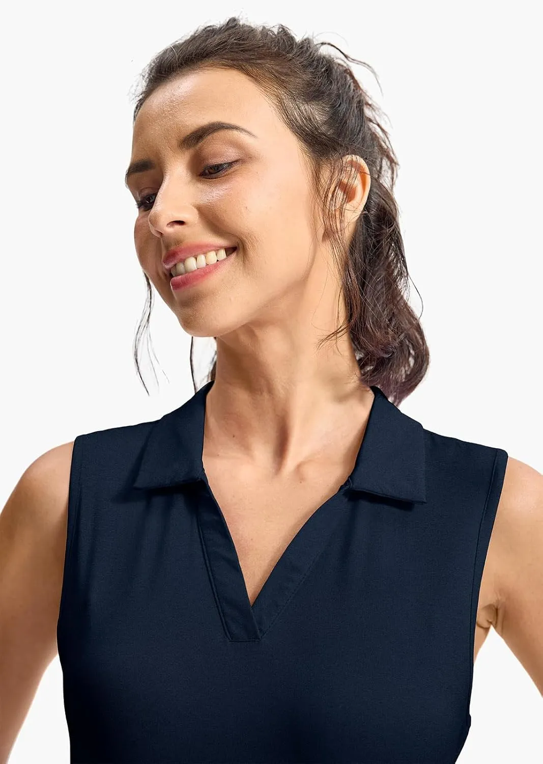 YSENTO Women's V-Neck Collared Golf Tennis Shirts Sleeveless UPF 50  Quick Dry Polo Shirts Tops Split Hem