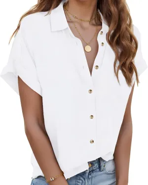 Zeagoo Linen Shirts for Women Cotton Short Sleeve V Neck Collared Button Down Blouses Tops S-3XL