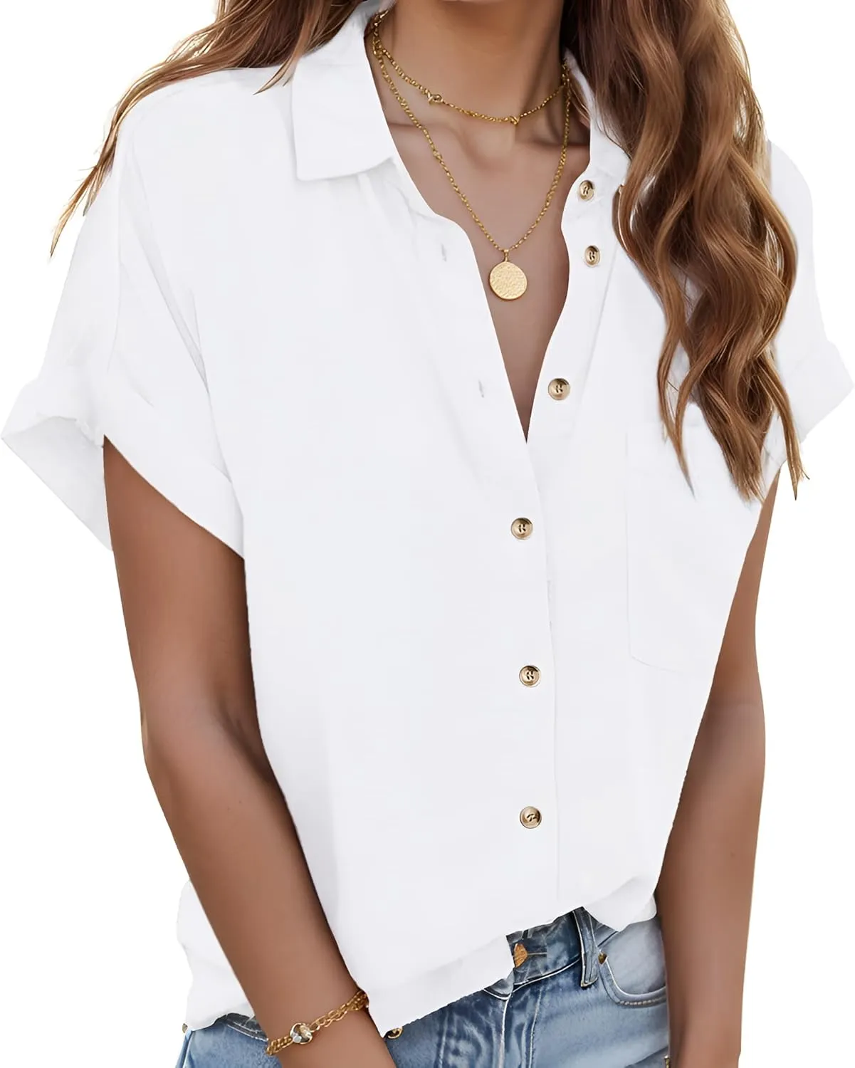 Zeagoo Linen Shirts for Women Cotton Short Sleeve V Neck Collared Button Down Blouses Tops S-3XL
