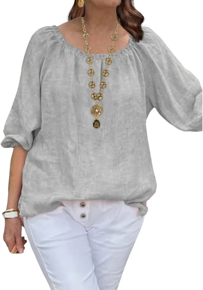 ZOCANIA Cotton Linen Tops for Women Shirts Crewneck 3/4 Ruffle Sleeves Blouse Casual Pleated Summer Tunic Tee