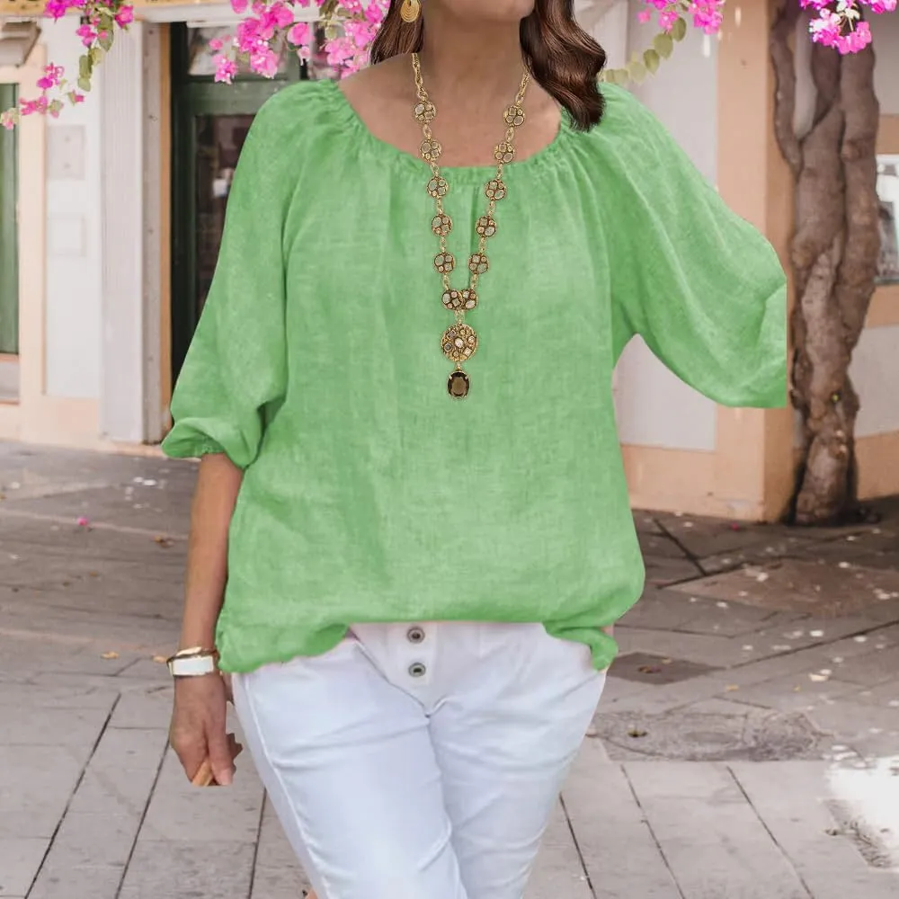 ZOCANIA Cotton Linen Tops for Women Shirts Crewneck 3/4 Ruffle Sleeves Blouse Casual Pleated Summer Tunic Tee