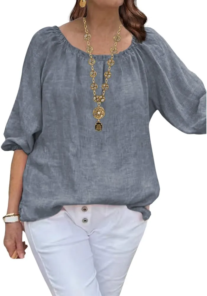 ZOCANIA Cotton Linen Tops for Women Shirts Crewneck 3/4 Ruffle Sleeves Blouse Casual Pleated Summer Tunic Tee