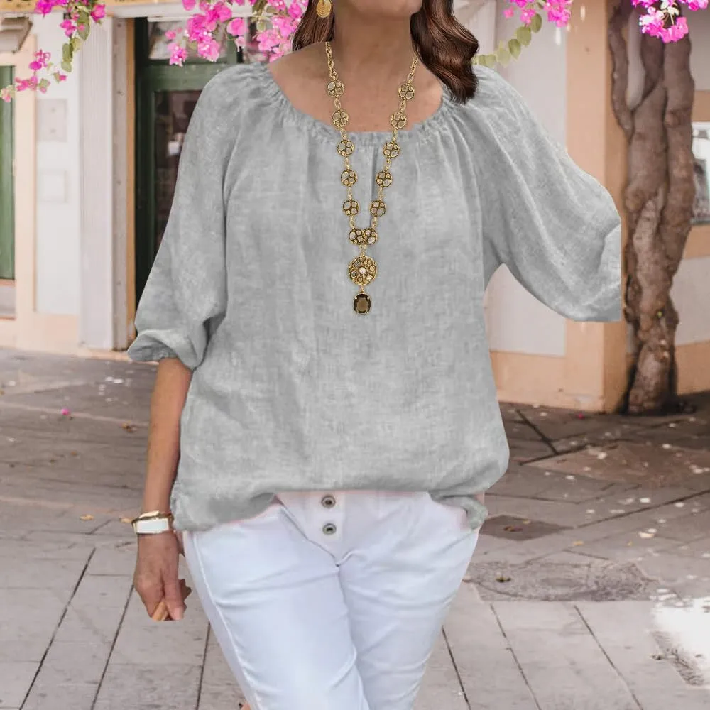 ZOCANIA Cotton Linen Tops for Women Shirts Crewneck 3/4 Ruffle Sleeves Blouse Casual Pleated Summer Tunic Tee