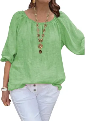 ZOCANIA Cotton Linen Tops for Women Shirts Crewneck 3/4 Ruffle Sleeves Blouse Casual Pleated Summer Tunic Tee