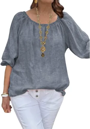 ZOCANIA Cotton Linen Tops for Women Shirts Crewneck 3/4 Ruffle Sleeves Blouse Casual Pleated Summer Tunic Tee