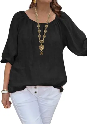 ZOCANIA Cotton Linen Tops for Women Shirts Crewneck 3/4 Ruffle Sleeves Blouse Casual Pleated Summer Tunic Tee