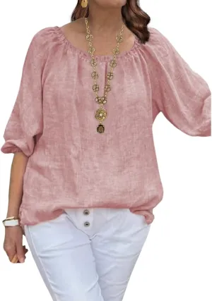 ZOCANIA Cotton Linen Tops for Women Shirts Crewneck 3/4 Ruffle Sleeves Blouse Casual Pleated Summer Tunic Tee