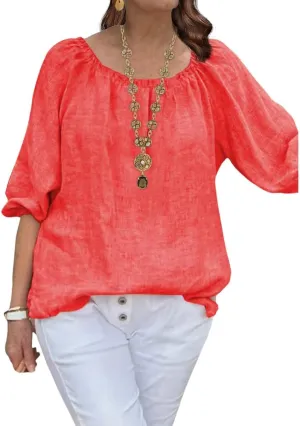 ZOCANIA Cotton Linen Tops for Women Shirts Crewneck 3/4 Ruffle Sleeves Blouse Casual Pleated Summer Tunic Tee