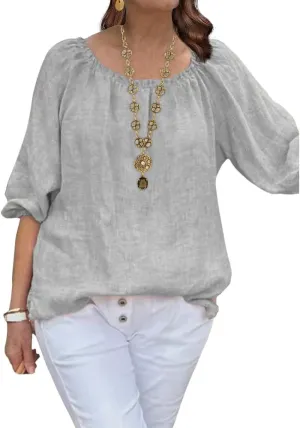 ZOCANIA Cotton Linen Tops for Women Shirts Crewneck 3/4 Ruffle Sleeves Blouse Casual Pleated Summer Tunic Tee