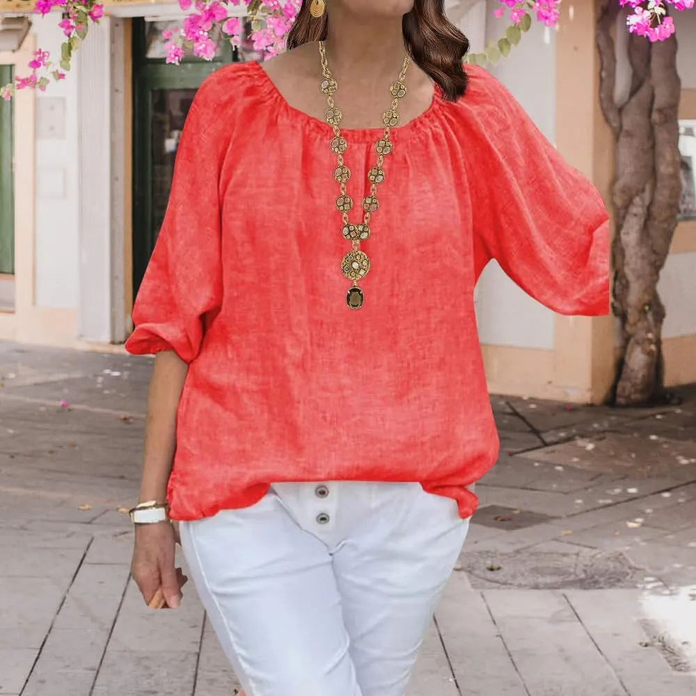 ZOCANIA Cotton Linen Tops for Women Shirts Crewneck 3/4 Ruffle Sleeves Blouse Casual Pleated Summer Tunic Tee