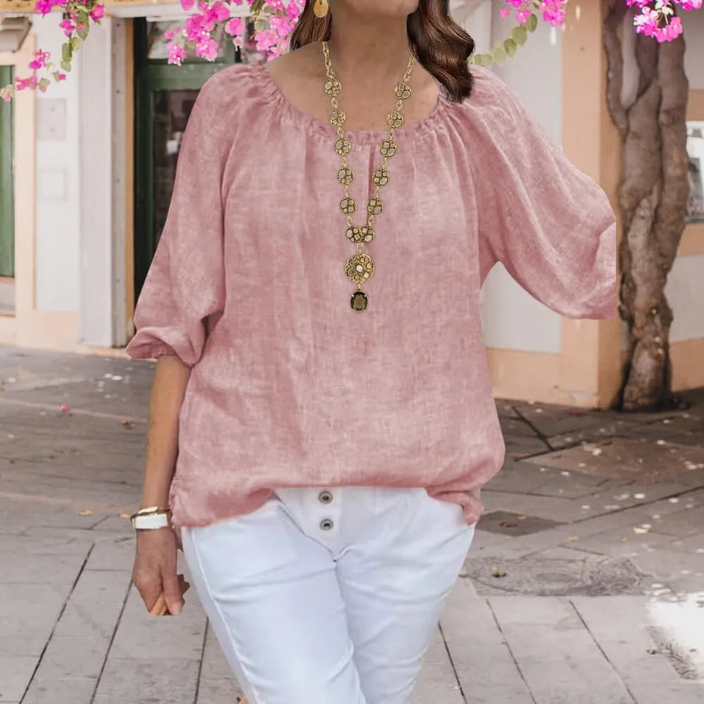 ZOCANIA Cotton Linen Tops for Women Shirts Crewneck 3/4 Ruffle Sleeves Blouse Casual Pleated Summer Tunic Tee