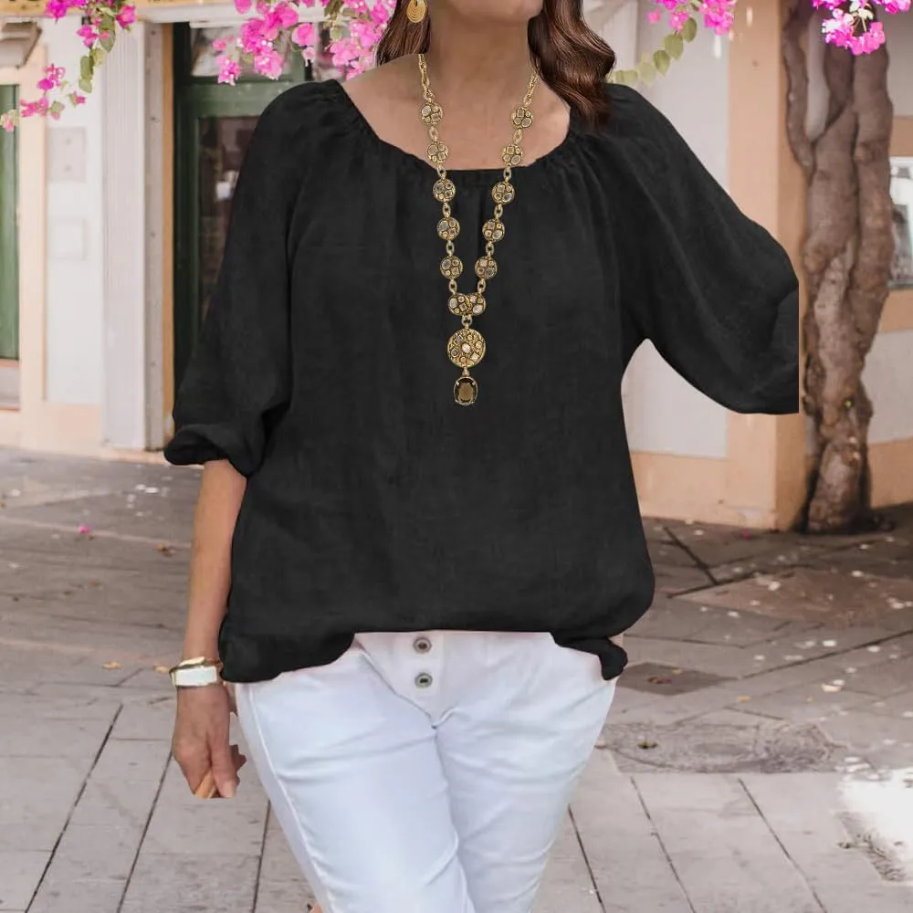 ZOCANIA Cotton Linen Tops for Women Shirts Crewneck 3/4 Ruffle Sleeves Blouse Casual Pleated Summer Tunic Tee