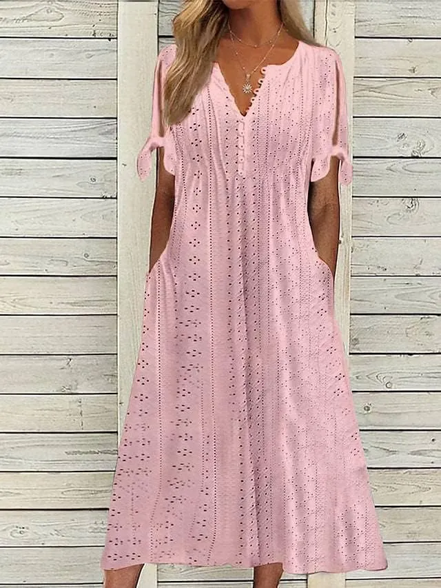 ZOCANIA Womens Boho Eyelet Pastel Dress Button V Neck Tie Knot Short Sleeve Vacation Beach Midi Dresses with Pockets
