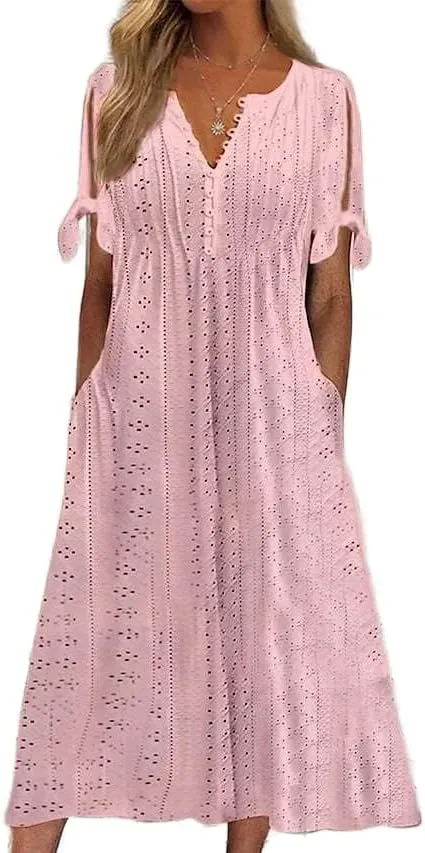 ZOCANIA Womens Boho Eyelet Pastel Dress Button V Neck Tie Knot Short Sleeve Vacation Beach Midi Dresses with Pockets
