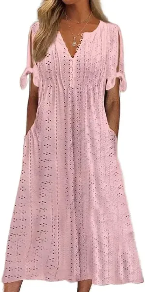 ZOCANIA Womens Boho Eyelet Pastel Dress Button V Neck Tie Knot Short Sleeve Vacation Beach Midi Dresses with Pockets